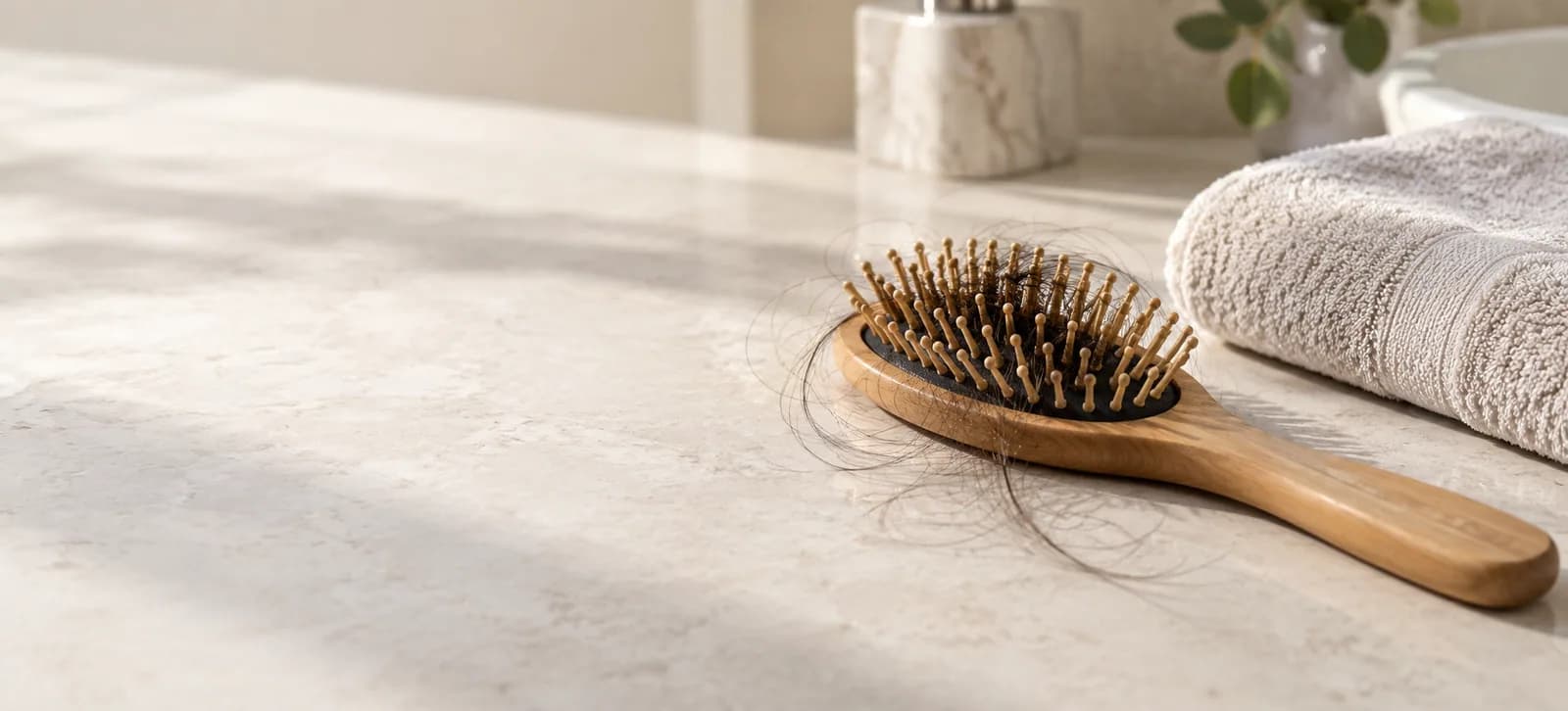 A hairbrush with a few loose hairs on a bathroom counter