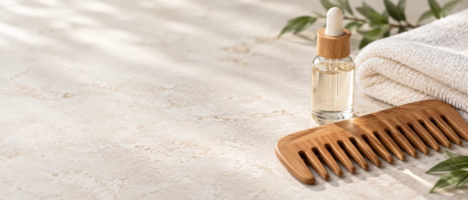 A wooden comb and a dropper bottle on stone