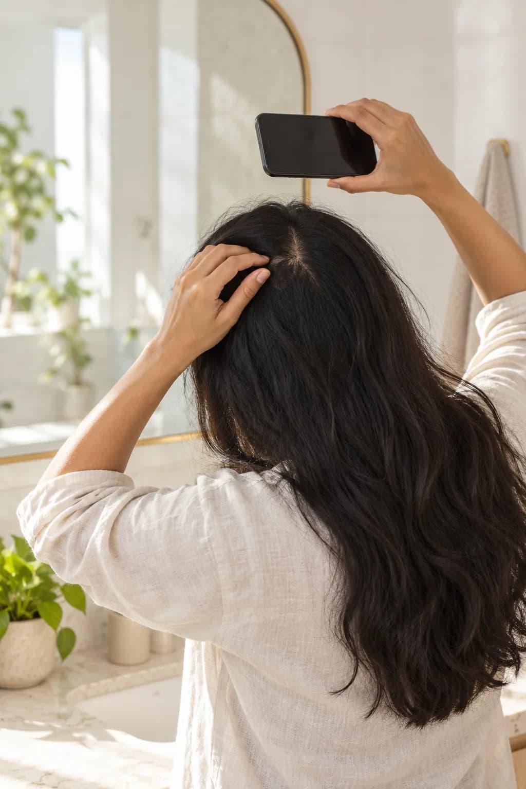 Someone at a bathroom mirror holds a phone above the crown of their head to scan it