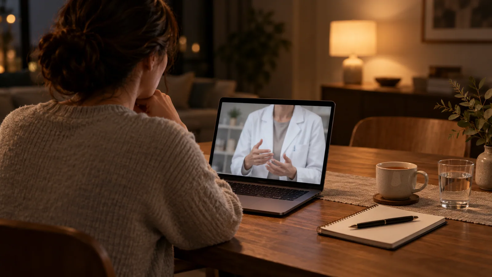 A person on a video call with a doctor from home