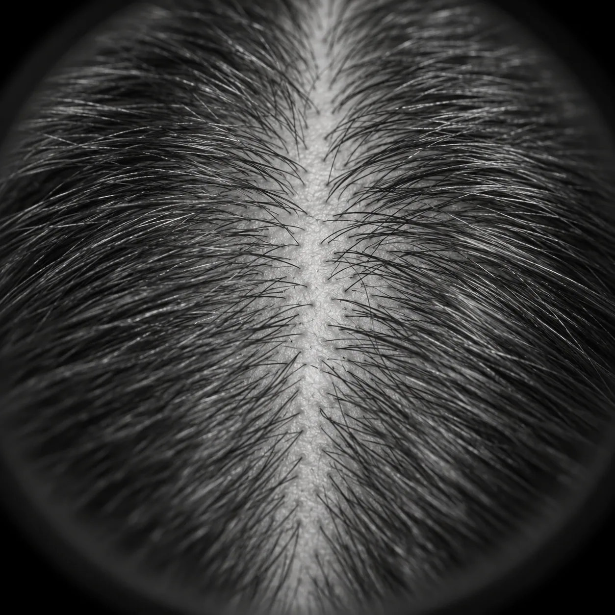 Black-and-white close-up of a scalp parting showing hair roots