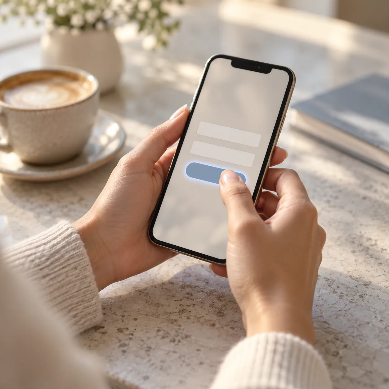 Hands typing name and mobile number into a phone