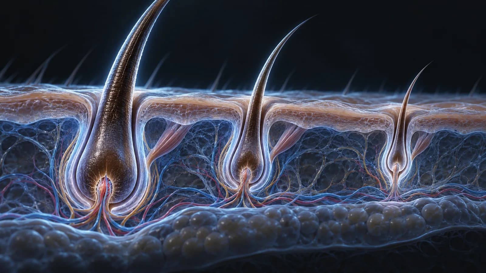Illustration of three hair roots getting smaller, left to right