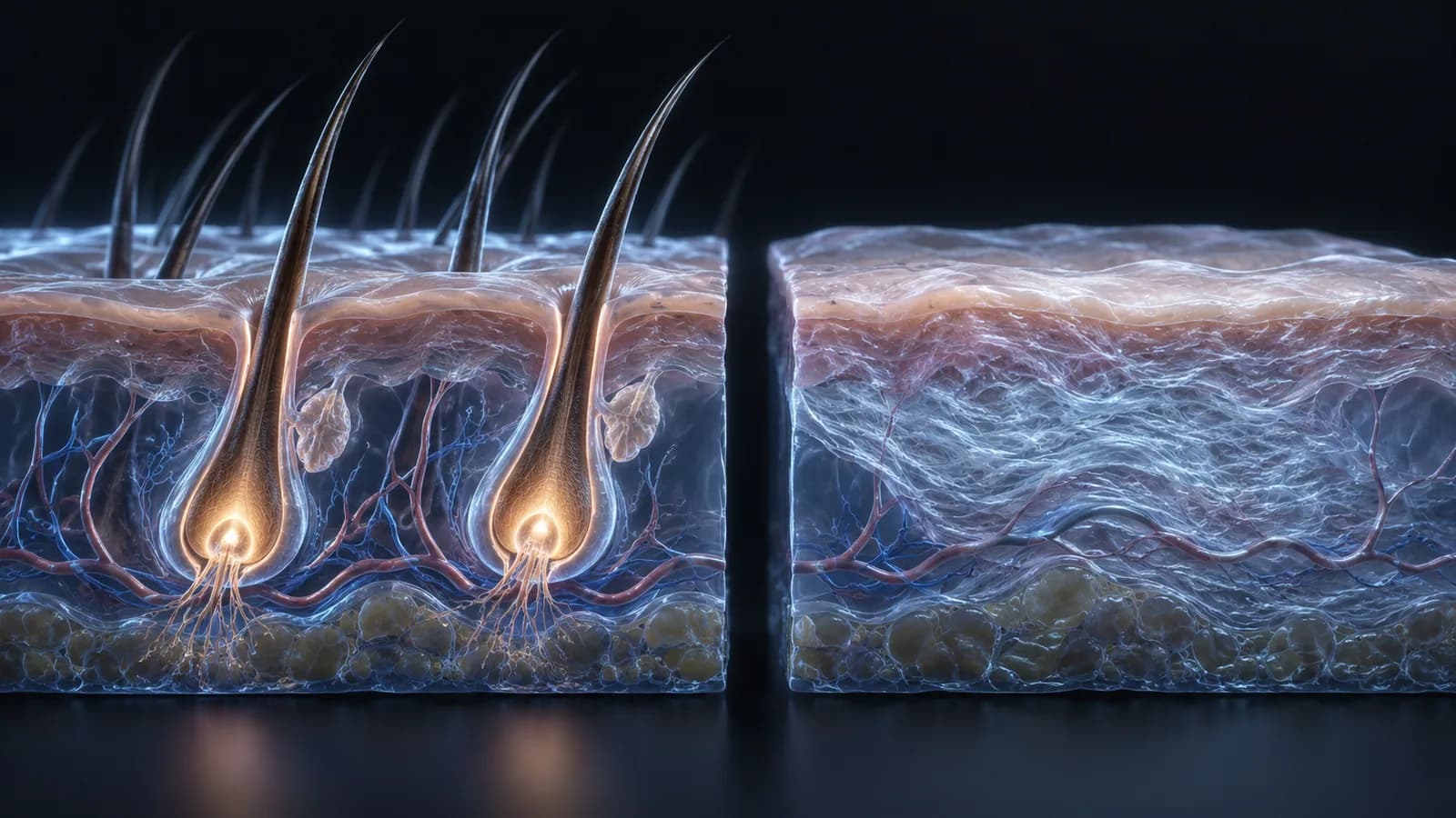 Illustration of living hair roots next to scarred skin with no roots