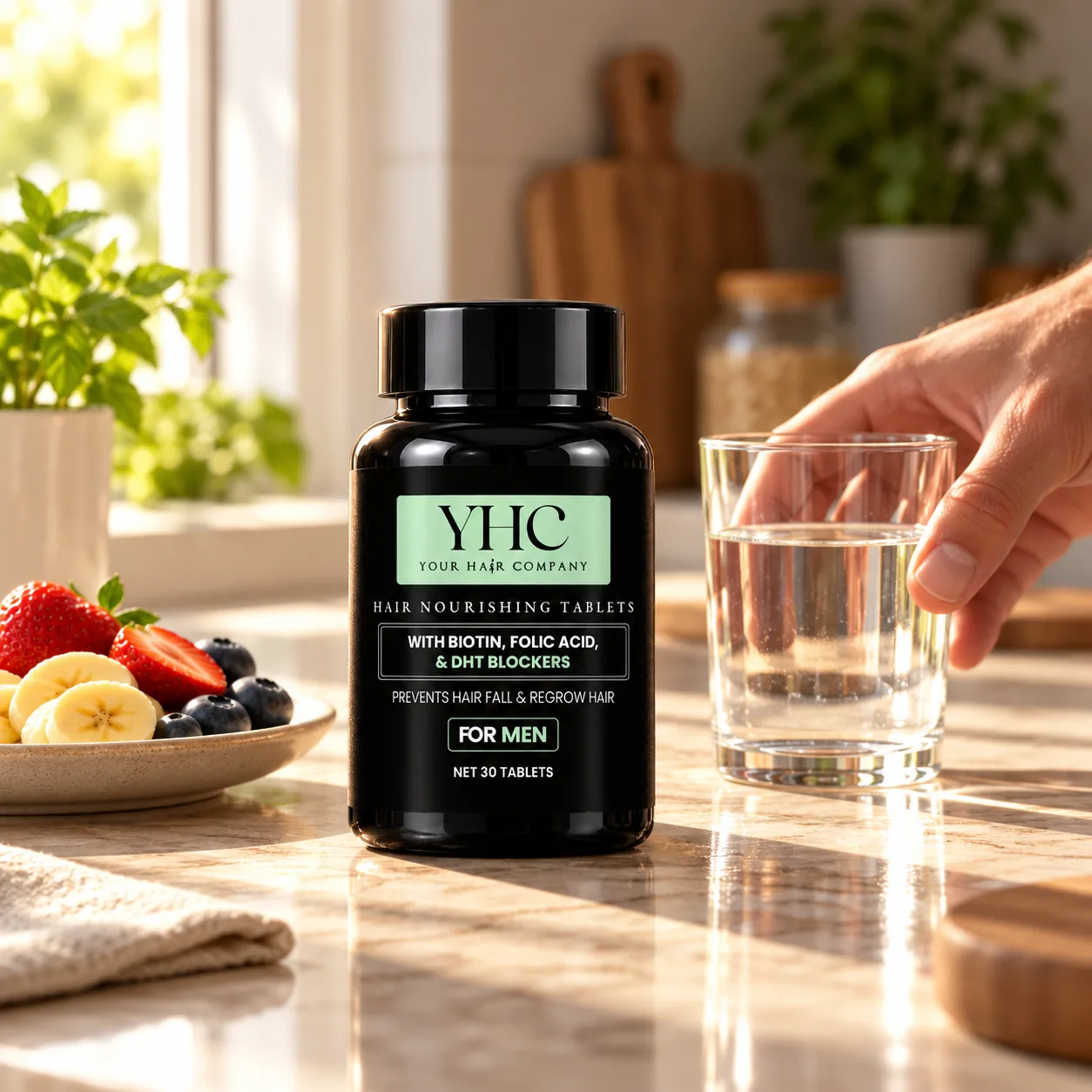 YHC tablets on a kitchen counter with a glass of water