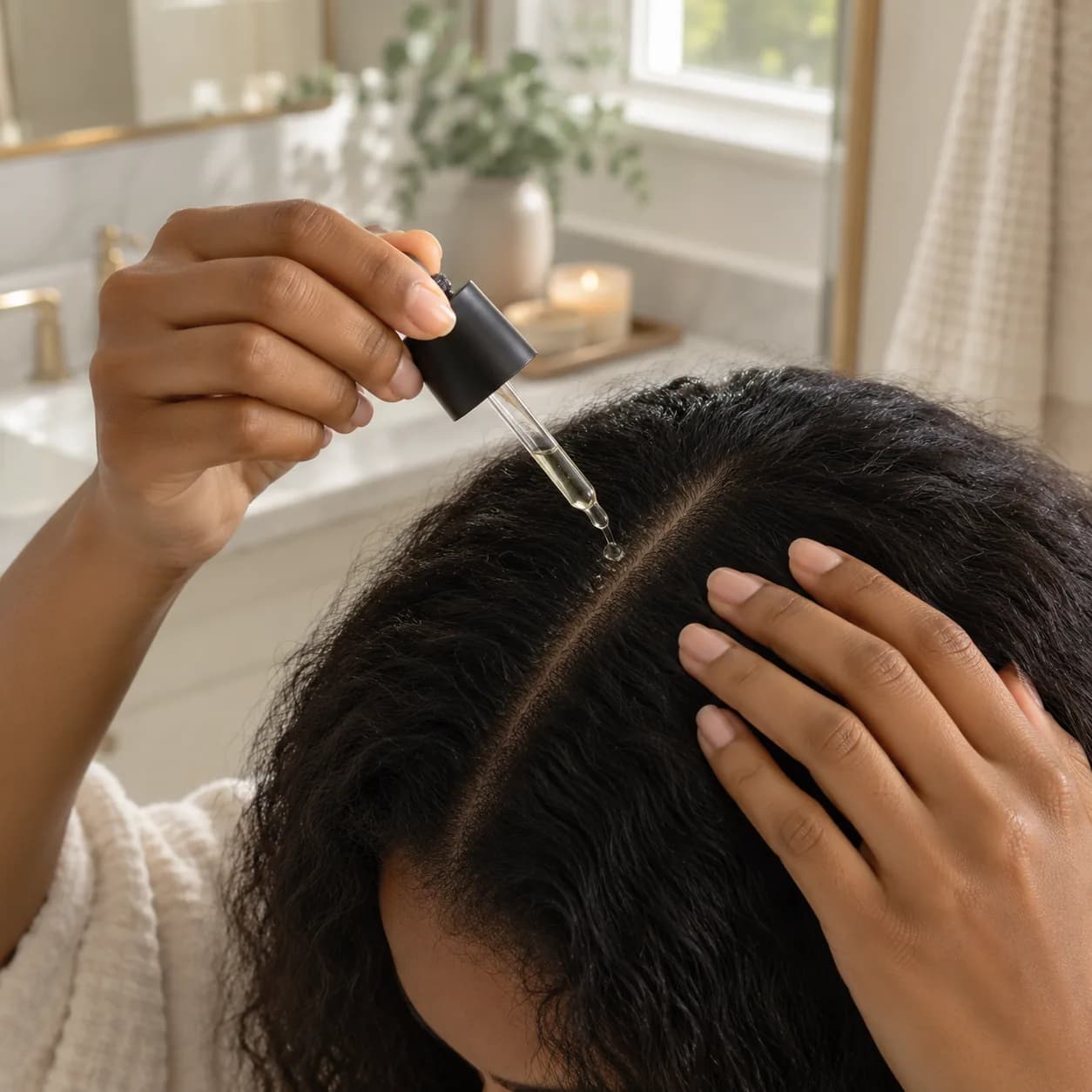 A few drops of solution being applied to a parting