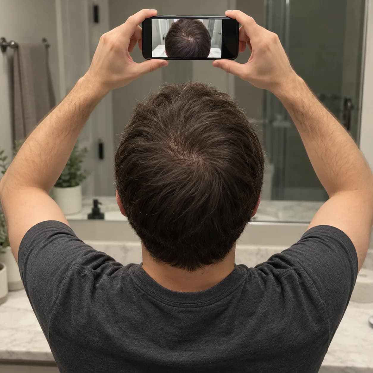 Someone photographing the top of their head in a mirror
