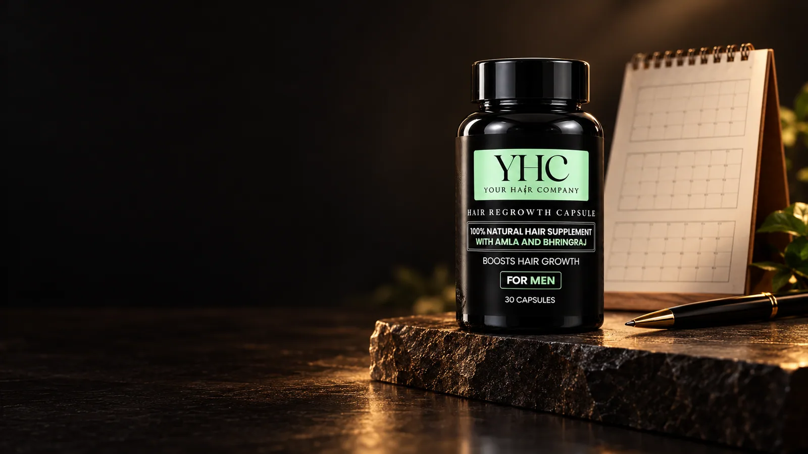 YHC capsules beside a three-month calendar