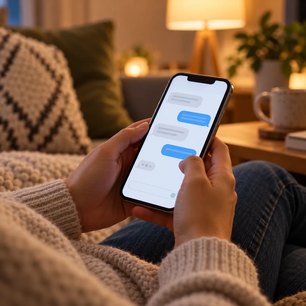 Hands holding a phone with a chat open