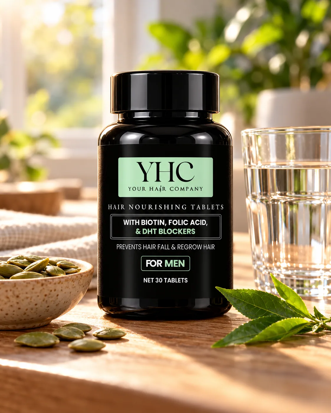 YHC Hair Nourishing Tablets on a breakfast table