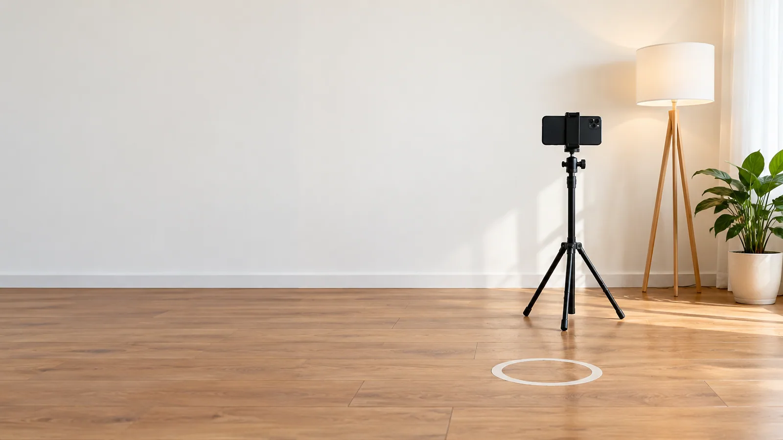 A phone on a tripod facing a plain wall in even light