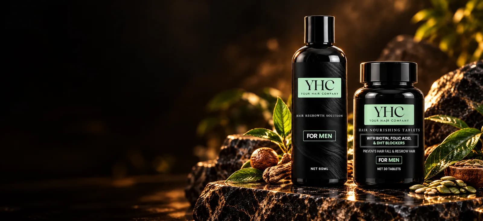 YHC solution and tablets on a dark stone plinth