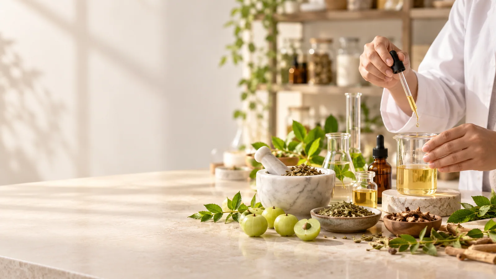A small formulation lab with herbs and glassware