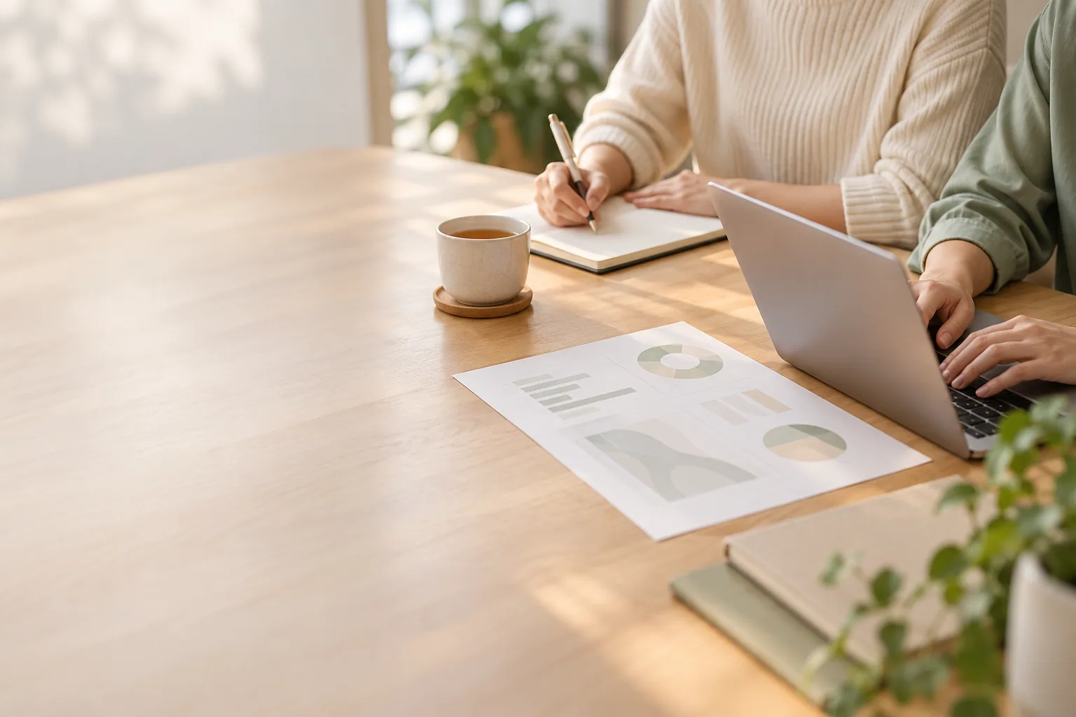Two people at a table, one writing notes, one on a laptop
