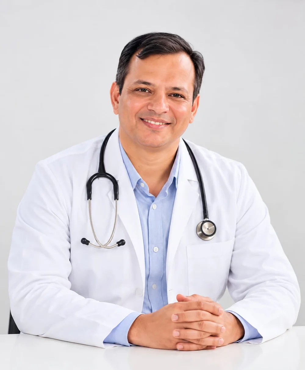 Dr. Anil Tyagi, dermatologist, in a white coat with a stethoscope