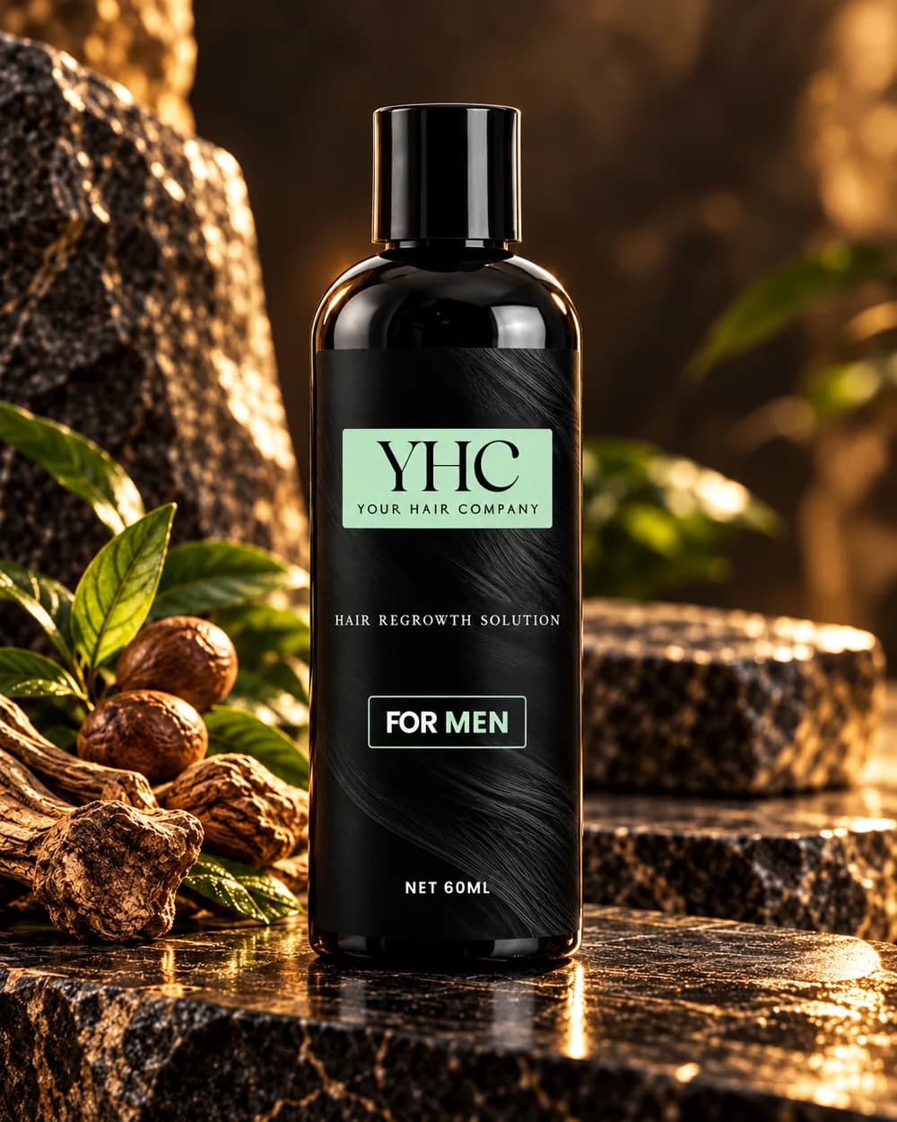 YHC Hair Regrowth Solution for men, black bottle with a mint label, on dark stone with botanicals