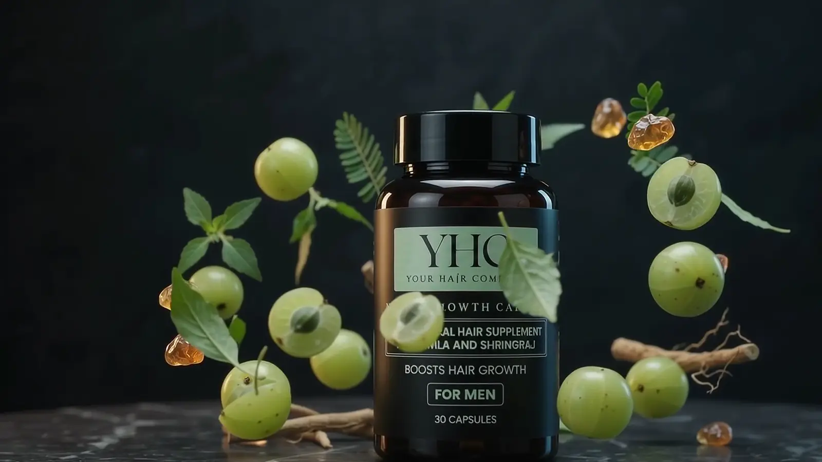 The YHC capsules jar surrounded by amla, leaves, roots and resin