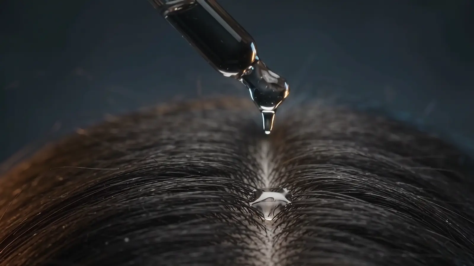 A dropper releases a few drops of serum onto a hair parting